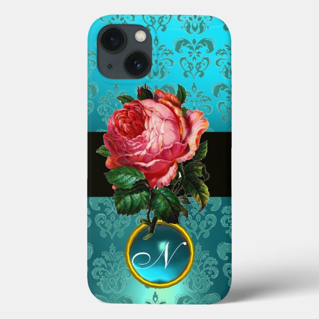 COQUES Case-Mate iPhone BEAU ROSE ROSE BLEU TURQUOISE DAMASK GEM MONOGRAM (Verso)