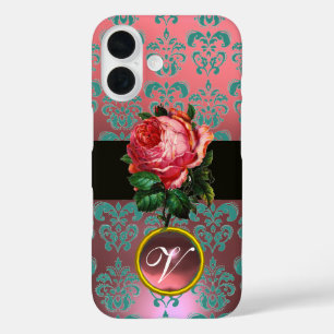 COQUES iPhone 16  BEAU ROSE ROSE BLEU TURQUOISE DAMASK GEM MONOGRAM