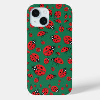 Beaucoup de Red Ladybugs Lucky Motif Emerald Green