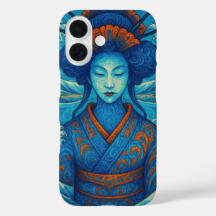 Coques iPhone 16 Beauté abstraite orientale Geisha Maiko ondes bleu