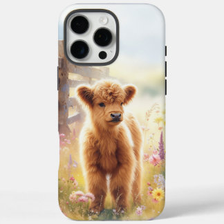 Coques iPhone 16 Pro Max Bébé adorable vache Highland dans un champ de fleu