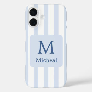 Coques iPhone 16 Bébé Bleu Stripes Garçon Monogramme Classique