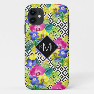 Coque iPhone 11 Bégonia d'orchidée et monogramme des palmettes  