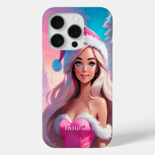Coque iPhone 15 Pro Belle fille de Noël rose 01
