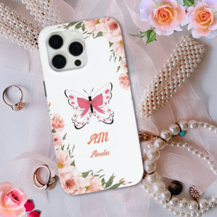 Coque iPhone 15 Pro Max Belle Fleurs Roses Papillon Fille Nom