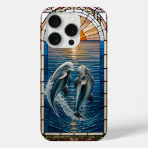 Coque iPhone 15 Pro Belle œuvre d'art en verre coloré avec des dauphin