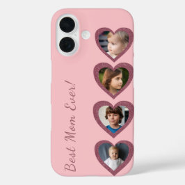 Coques iPhone 16 Best Mom Pink Hearts Four Photo Collage Modèle