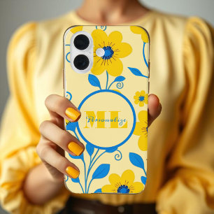 Coques iPhone 16 Beurre de monogramme Floral jaune et bleu
