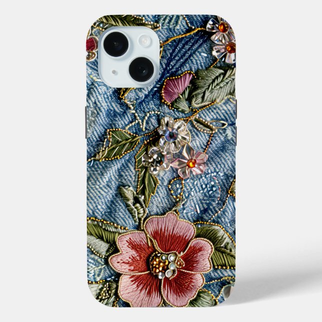 Coques Case-Mate iPhone Bijou brodé Floral Denim Texture (Verso)