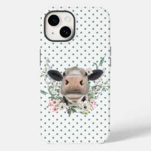 Coque Pour iPhone 14 bisou de nez de vache fleurs aquarelle gris animal