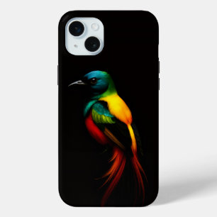 Coque iPhone 15 Mini Black 4 Luxe, Rainbow Tail, Oiseau Tropical