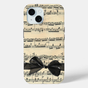 Coque Pour iPhone 15 Black Bow Sur Partition Vintage