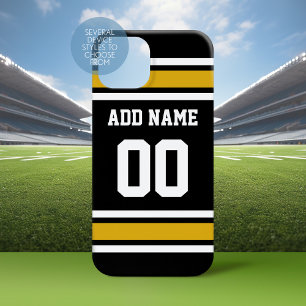 Coques iPhone 16 Black Gold Football Jersey Nom personnalisé Numéro
