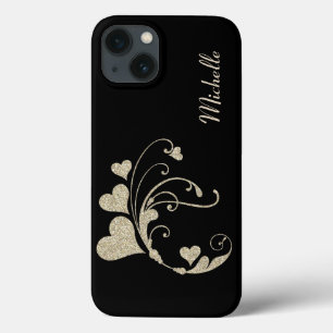 iPhone 13 Coque Black Gold Heart Parties scintillant Faux