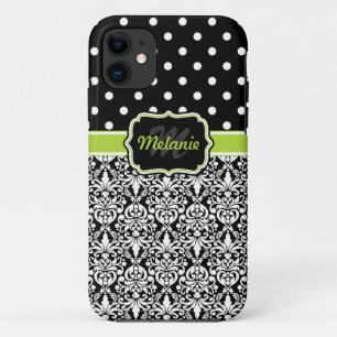 Coque iPhone 11 Black Green Monogramme Damask Pois Motif