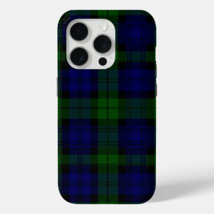 Coque iPhone 15 Pro Black Watch Tartan bleu vert Plaid