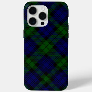 Coque iPhone 15 Pro Max Black Watch Tartan bleu vert Plaid