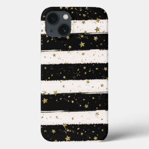 Etui iPhone 13 Black White Aquarelle rayures Gold Parties scintil