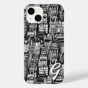 Coque Pour iPhone 14 Black & White Downtown City, gratte-ciel, Monogram