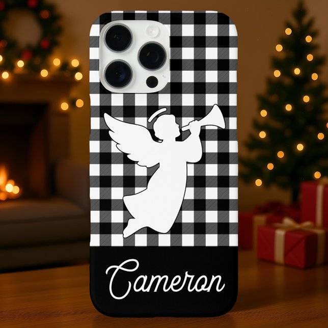Coques Case-Mate iPhone Black & White Plaid with Angel Custom Name (Créateur téléchargé)