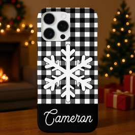 Coques iPhone 16 Pro Max Black & White Plaid with Snowflake Custom Name
