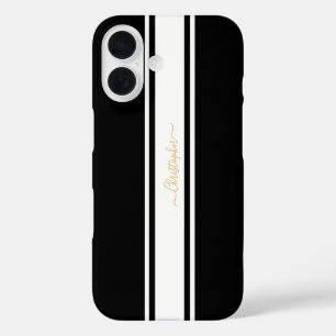 Coques iPhone 16 Black White Racing Stripes Or Monogrammed Chic