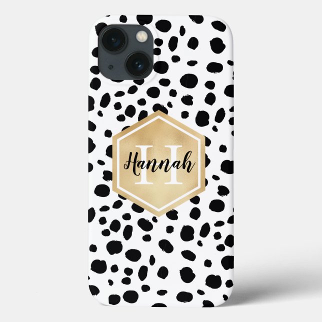 Coques Case-Mate iPhone Black White Spots Motif Gold Monogramme (Verso)