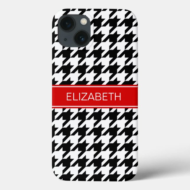 Coques Case-Mate iPhone Black Wht Houndstooth #2 Nom rouge Monogramme (Verso)