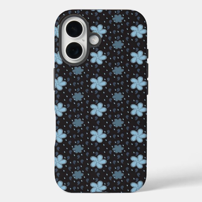 Coques Case-Mate iPhone Black with Blue Paisley Flowers iPhone 16 Case (Verso)