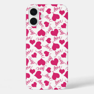 COQUES iPhone 16 PLUS BLANC AVEC ROSE CHAUDE VALENTINE AIME LES COEURS