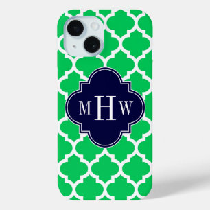 Coque Pour iPhone 15 Blanc Emeraude Marocain #5 Navy 3 Monogramme Initi
