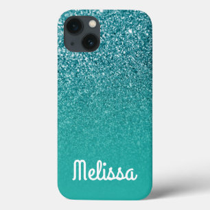 iPhone 13 Case Blanc Féminin Personnalisé Turquoise Ombré Paillet