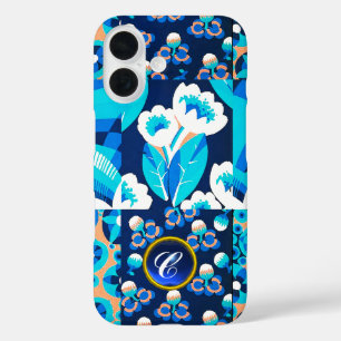 COQUES iPhone 16 BLANC HAWAII FLEURS BLEUES BOULEVERS MONOGRAMME FL