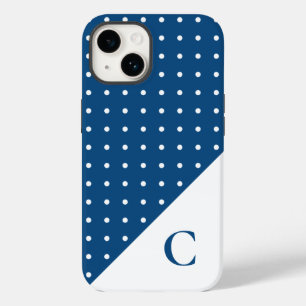 Coque Pour iPhone 14 Blanc sur bleu Polka Motif Monogramme