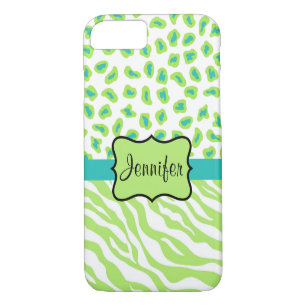 Coque iPhone 7 Blanc Vert Turquoise Zèbre Nom léopard Personnalis