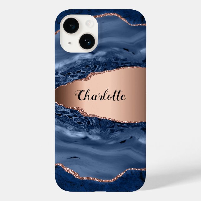 Coques Case-Mate iPhone Bleu agate marbre rose or nom script (Verso)