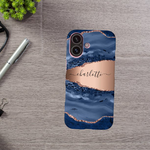 Coques iPhone 16 Bleu agate marbre rose or nom script