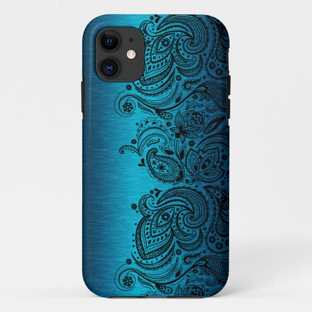 Coques Case-Mate iPhone Bleu Avec Dentelle De Paisley Noir (Dos)