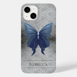 Coque Pour iPhone 14 Bleu bijoux papillon Damas