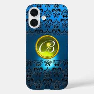 COQUES iPhone 16  BLEU BLACK DAMASK JAUNE GEM MONOGRAM