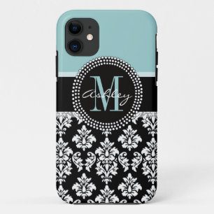 COQUE Case-Mate POUR iPhone BLEU, BLACK DAMASK, VOTRE MONOGRAM, VOTRE NOM
