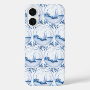 Coques iPhone 16 Bleu Blanc Delft Bateau à voile Faux Tiles iPhone