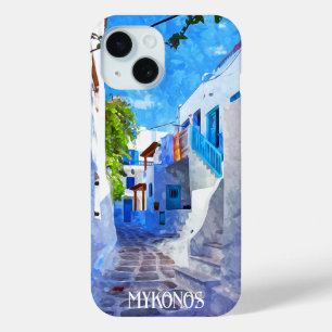 Coque Pour iPhone 15 Bleu blanc élégant Mykonos Grèce Aquarelle