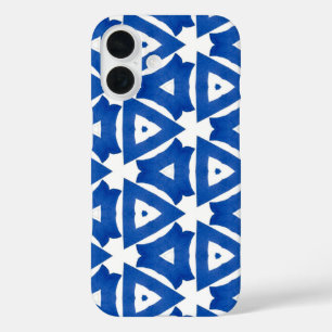 Coques iPhone 16 Bleu Blanc Méditerranéen Carrelage Triangles Chic