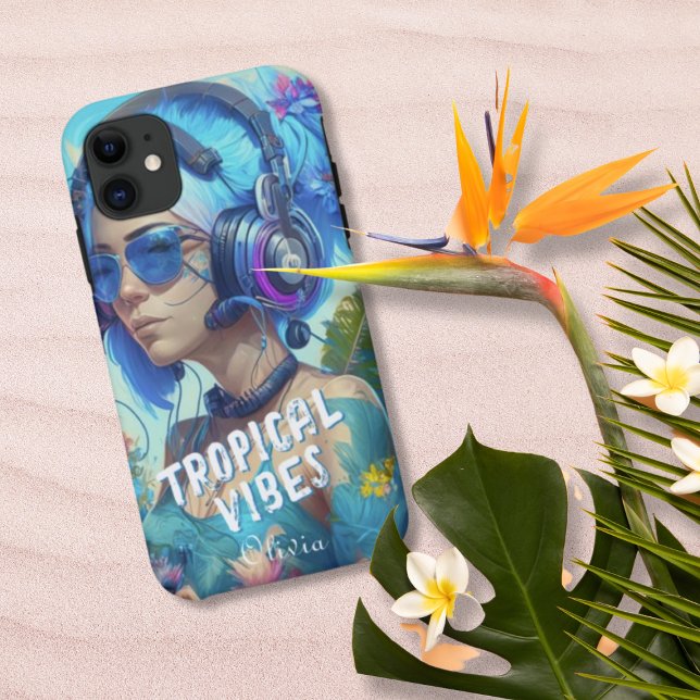 Coques Case-Mate iPhone Bleu Blanc Tropical Vibes Female DJ Illustration (Créateur téléchargé)
