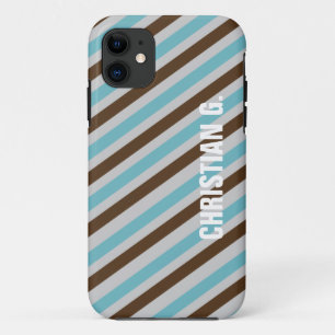 Coque iPhone 11 Bleu brun motif de bande personnalisée nom personn