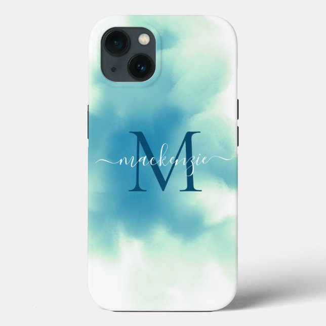 Coques Case-Mate iPhone Bleu Chic Aquarelle Abstrait Monogrammé (Verso)