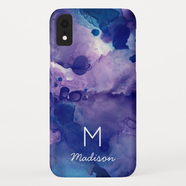 Coques Case-Mate iPhone Bleu clair et violet Abstrait Encre d'alcool Monog (Dos)