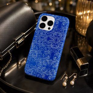 Coques iPhone 16 Pro Max Bleu cobalt blanc floral damassé