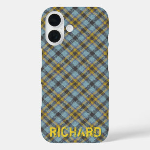 Coques iPhone 16 Bleu de plaid et modèle nommé d'or